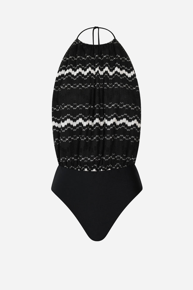 Black White Knit Halter-Neck Swimsuit