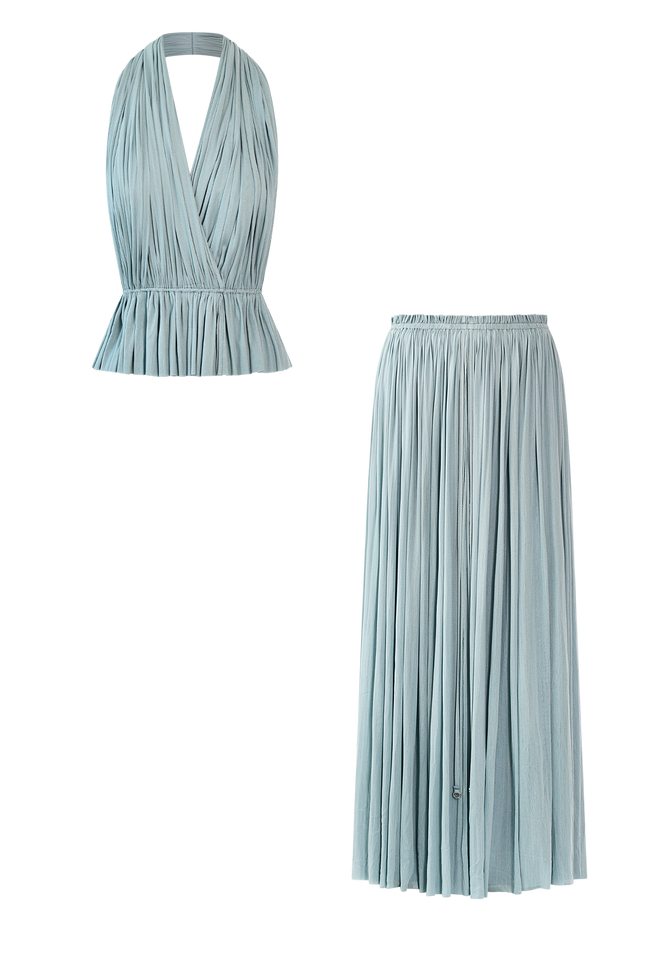 Ice Blue Silk Skirt & Top Set
