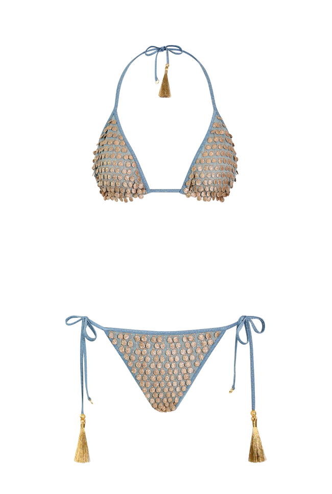 Blue Pom Pom Triangle Bikini