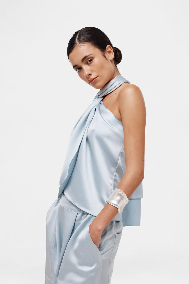 Blue Satin Tie Top