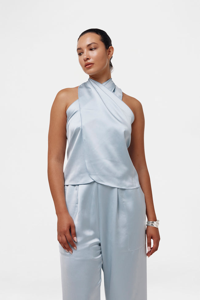 Blue Satin Tie Top