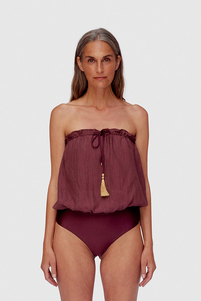 Bordeaux Silk Skirt & Swimsuit