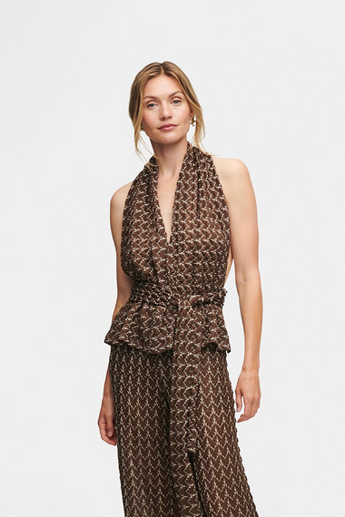 Brown Gold Knit Scarf Top, Italian knit with pins, HANNE BLOCH