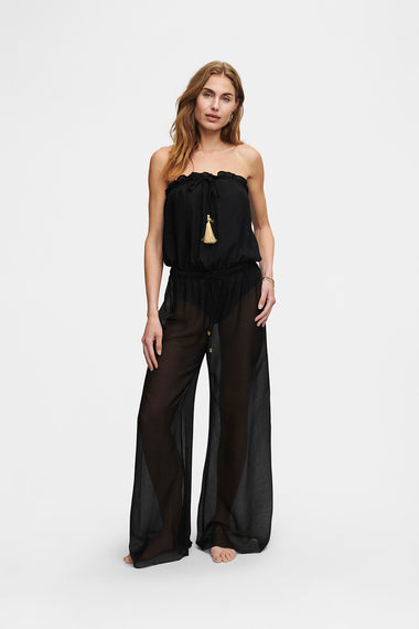 Black Silk Trousers, wavy 100% Grade 6A mulberry silk, shown on model wearing size S, HANNE BLOCH