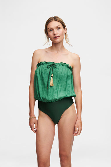 Forest Green Bandeau Silk Swimsuit with 100% Grade 6A silk top, HANNE BLOCH