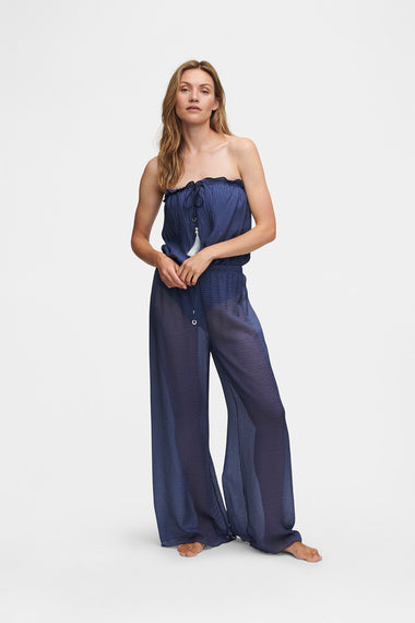 Ocean Blue Silk Trousers Bandeau Set, silk trousers with bandeau swimsuit, image 3, HANNE BLOCH