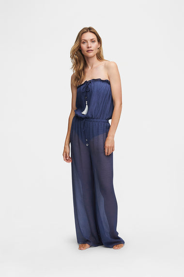 Ocean Blue Silk Trousers Bandeau Set, silk trousers with bandeau swimsuit, HANNE BLOCH