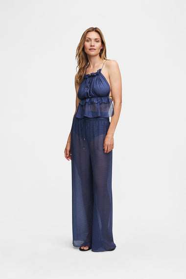 Ocean Blue Silk Trousers String Set, trousers and string top in Grade 6A silk, HANNE BLOCH