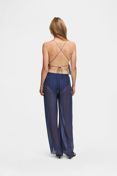 Ocean Blue Silk Trousers, wavy 100% Grade 6A mulberry silk, shown on model wearing size S, HANNE BLOCH