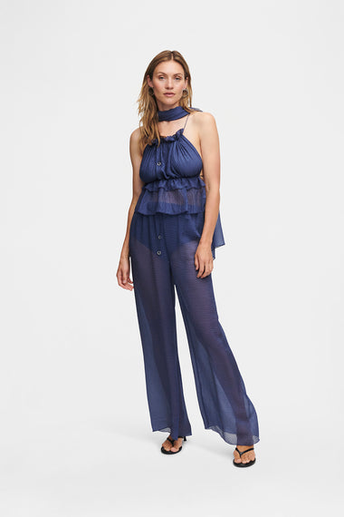 Ocean Blue Silk Trousers String Set, trousers and string top in Grade 6A silk, image 4, HANNE BLOCH