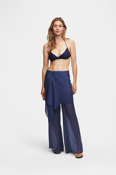 Ocean Blue Silk Trousers, wavy 100% Grade 6A mulberry silk, shown on model wearing size S, HANNE BLOCH