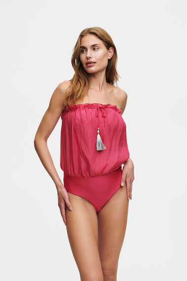 Pink Bandeau Silk Swimsuit with 100% Grade 6A silk top, HANNE BLOCH