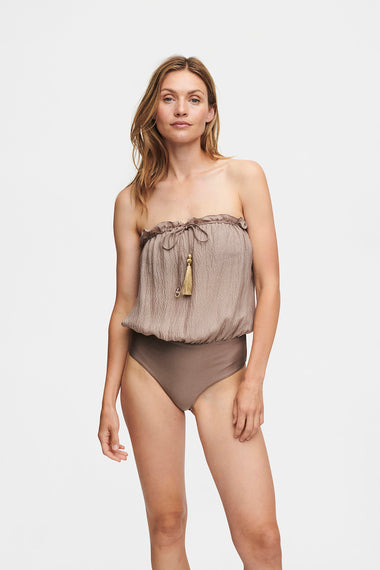 Taupe Bandeau Silk Swimsuit with 100% Grade 6A silk top, shown on model wearing size S, HANNE BLOCH