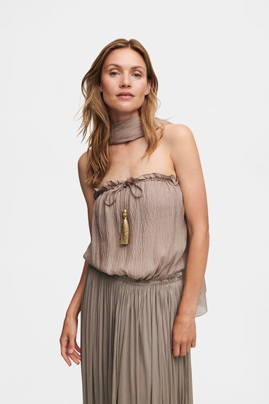 Taupe Silk Bandeau Set, silk tulle skirt with bandeau silk swimsuit, image 3, HANNE BLOCH