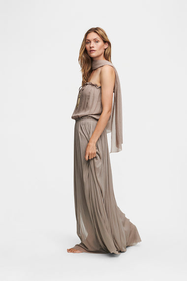 Taupe Silk Bandeau Set, silk tulle skirt with bandeau silk swimsuit, HANNE BLOCH