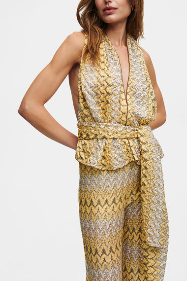 Yellow Knit Scarf Top, Italian knit with pins, HANNE BLOCH