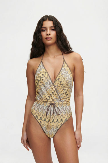 Yellow Knit V-Swimsuit, Italian knit, HANNE BLOCH
