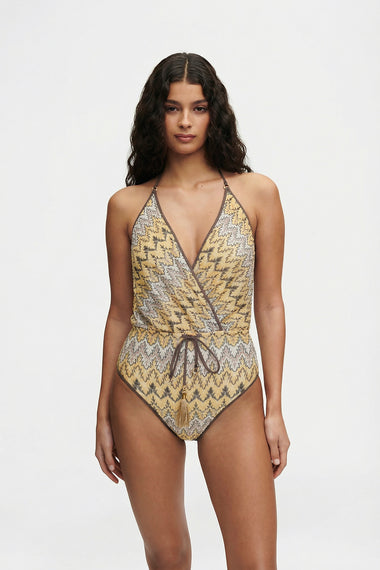 Yellow Knit V-Swimsuit, Italian knit, shown on model wearing size S, HANNE BLOCH