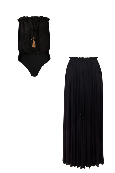 Black Silk Bandeau Set, silk tulle skirt with bandeau silk swimsuit, HANNE BLOCH