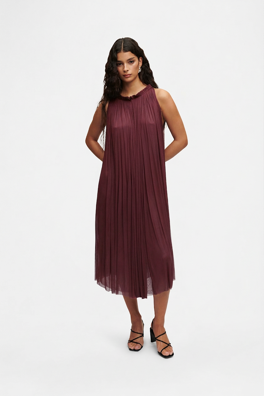 Bordeaux Silk Tulle Halter Dress