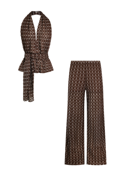 Brown Knit Set, scarf top and trousers in Italian knit, HANNE BLOCH
