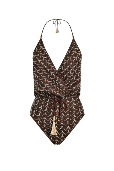 Brown Gold Knit V-Swimsuit, Italian knit, HANNE BLOCH