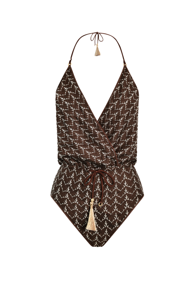 Brown Gold Knit V-Swimsuit