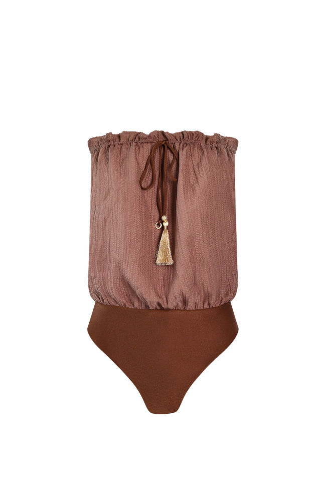 Brown Bandeau Silk Swimsuit