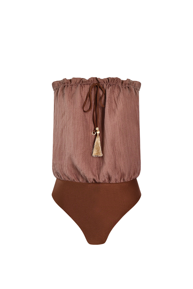 Brown Bandeau Silk Swimsuit