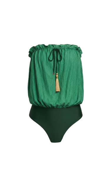 Forest Green Bandeau Silk Swimsuit with 100% Grade 6A silk top, HANNE BLOCH