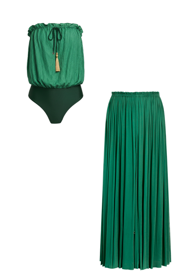 Forest Green Silk Bandeau Set, silk tulle skirt with bandeau silk swimsuit, HANNE BLOCH