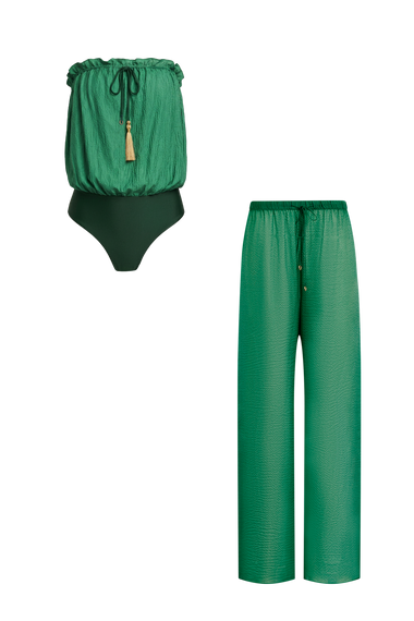Forest Green Silk Trousers Bandeau Set, silk trousers with bandeau swimsuit, HANNE BLOCH