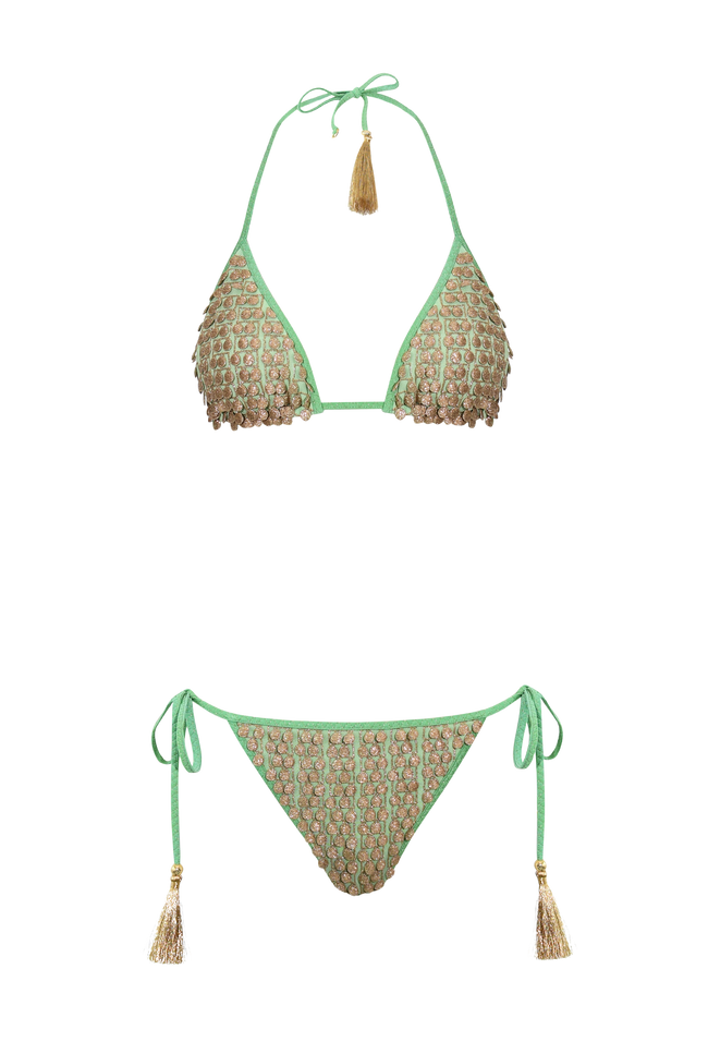 Mintfarbener Triangel-Bikini mit Pompom 