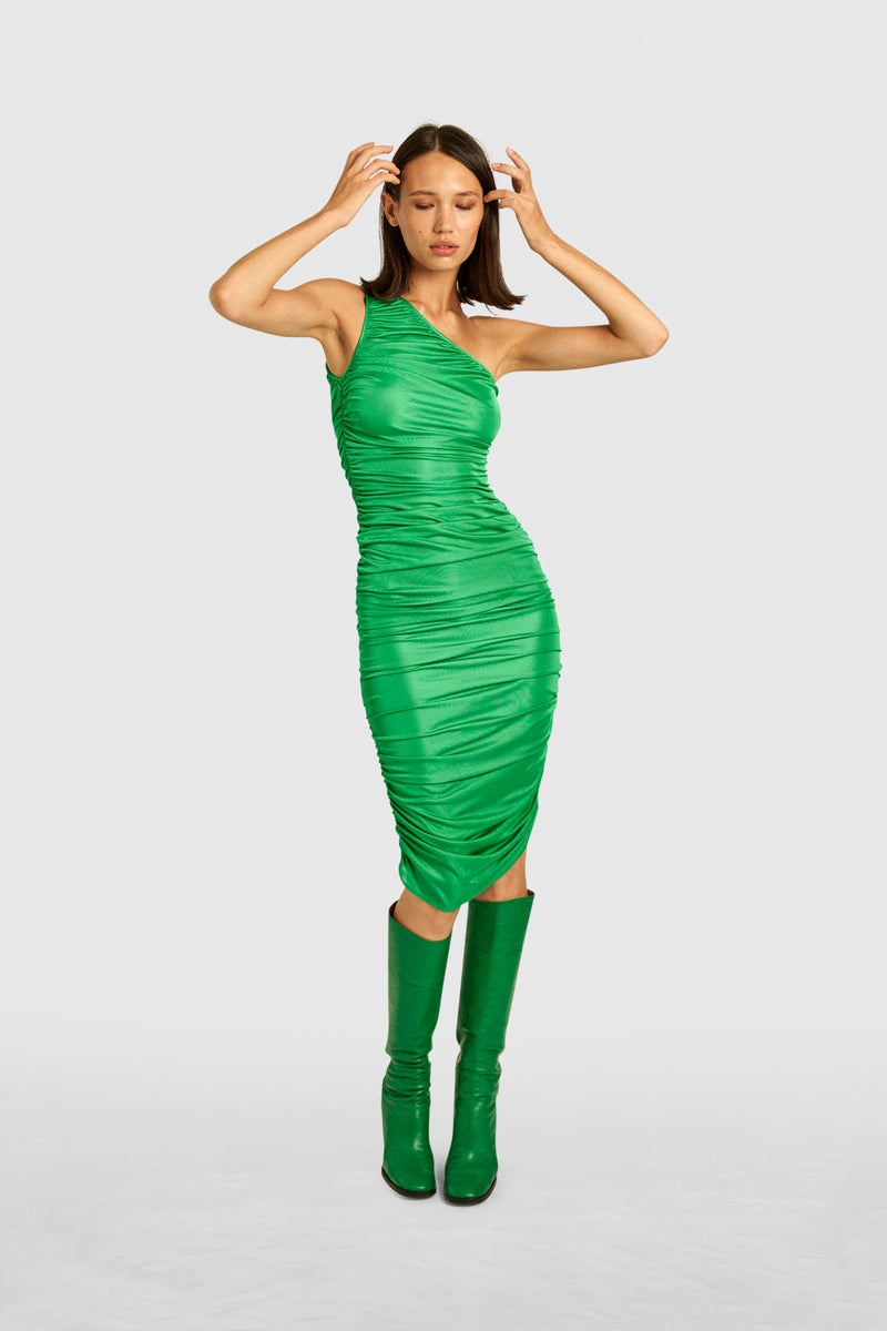 Mint Ruched One-Shoulder Dress