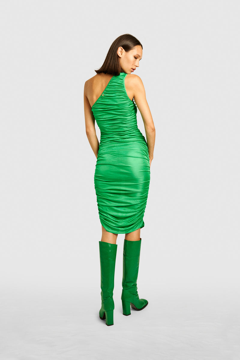 Mint Ruched One-Shoulder Dress