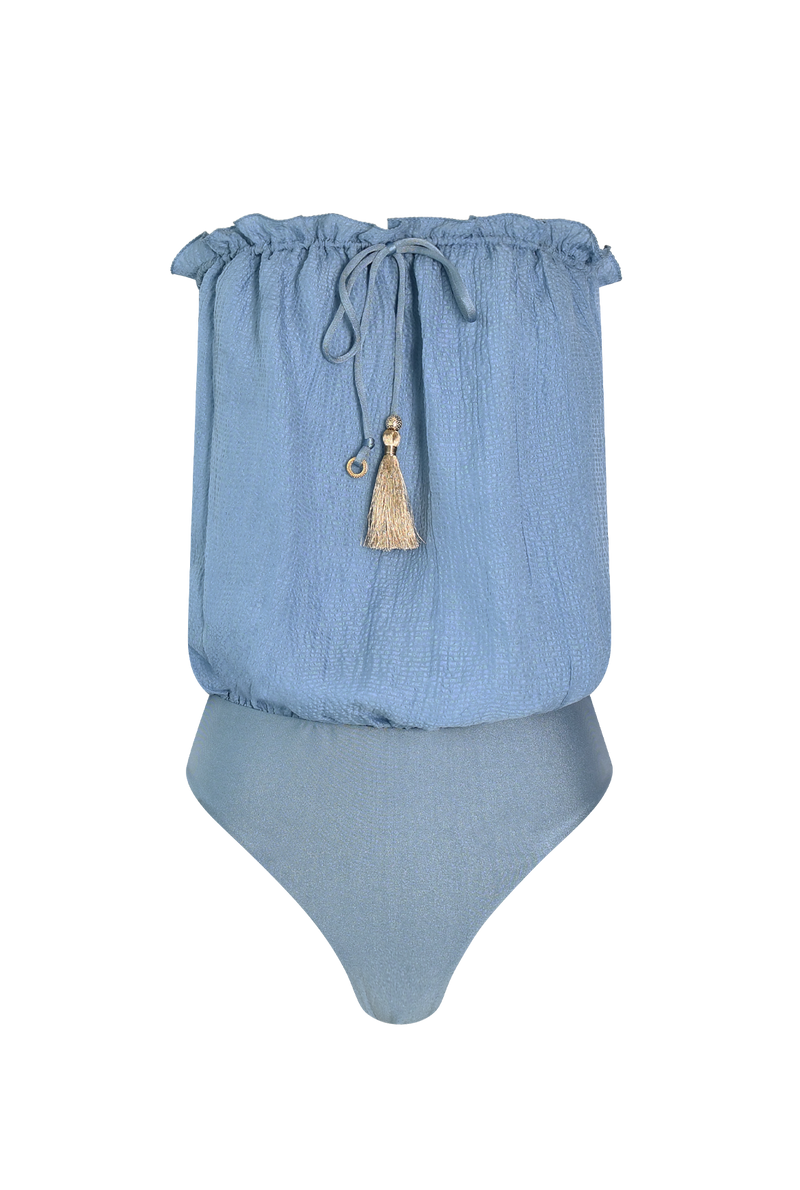 Blue Bandeau Silk Swimsuit