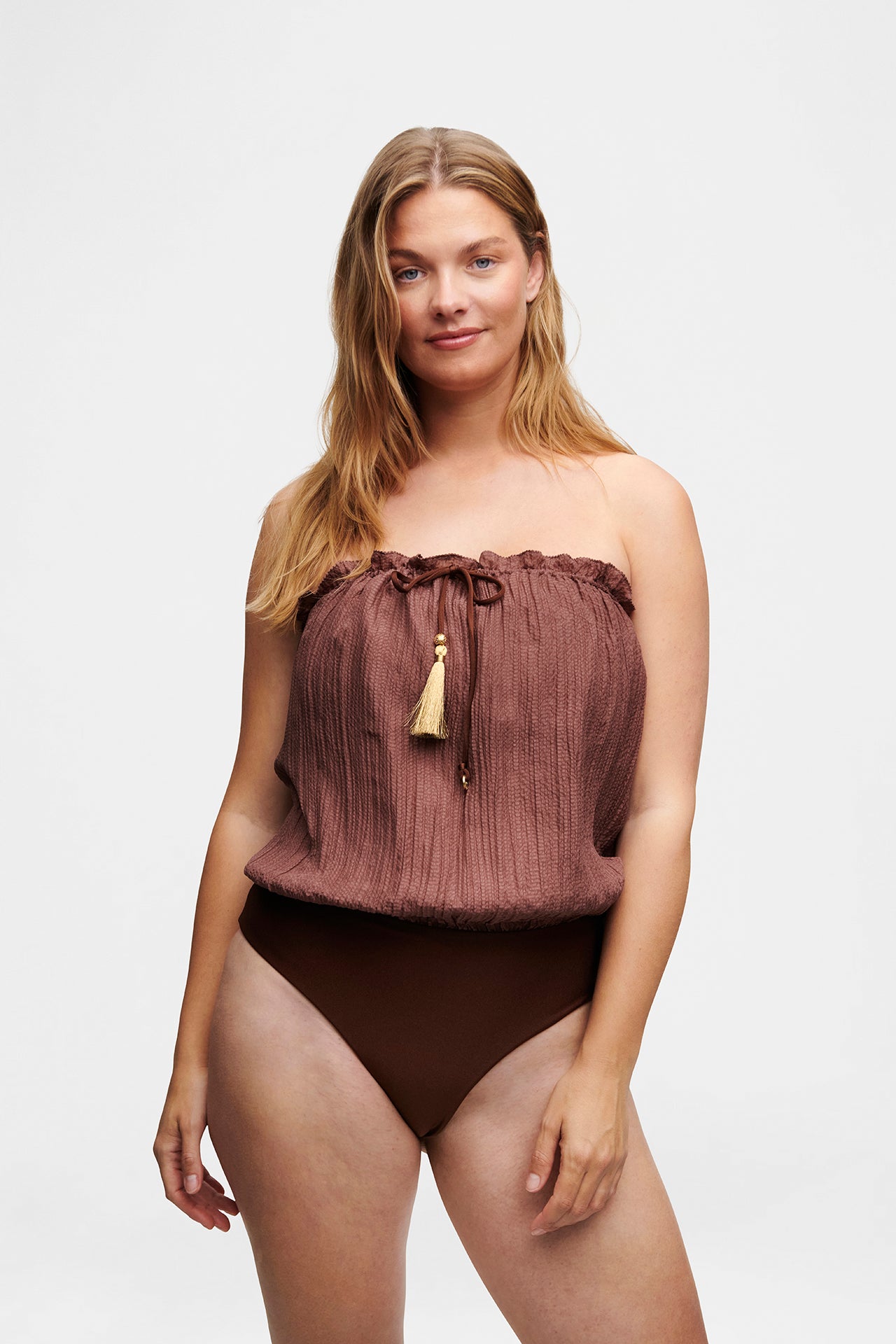 Brown Bandeau Silk Swimsuit