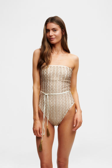 White Pom Pom Swimsuit, shown on model wearing size S, HANNE BLOCH