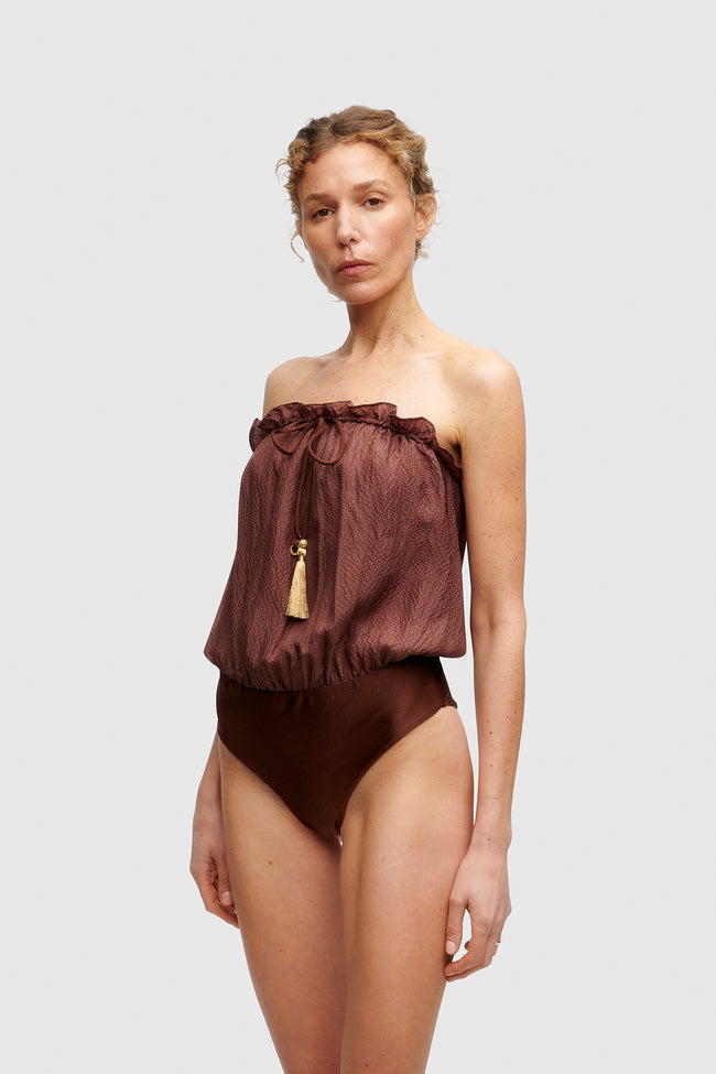 Brown Bandeau Silk Swimsuit