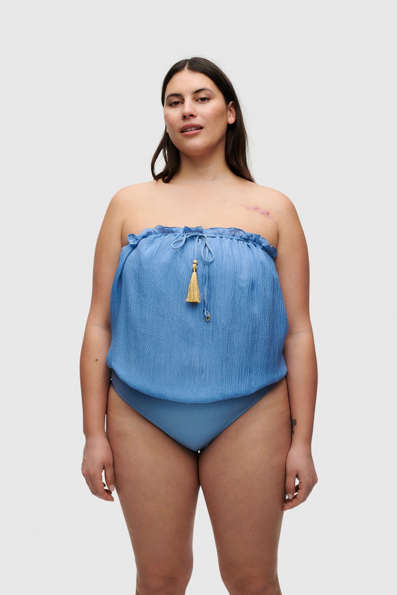 Blue Bandeau Silk Swimsuit