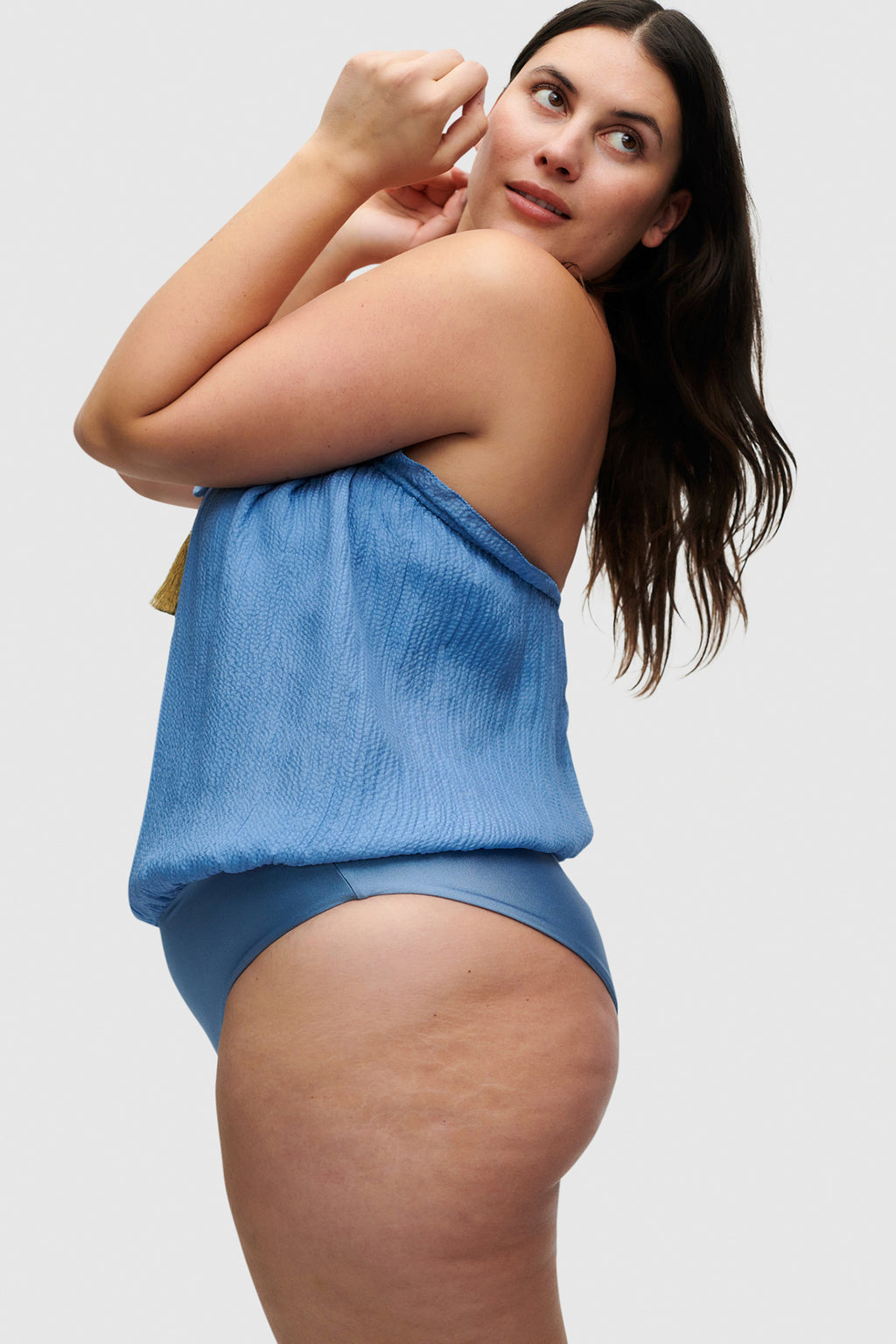 Blue Bandeau Silk Swimsuit