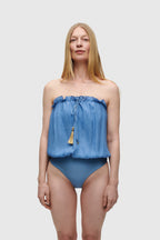 Blue Bandeau Silk Swimsuit