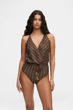 Brown Gold Knit V-Swimsuit