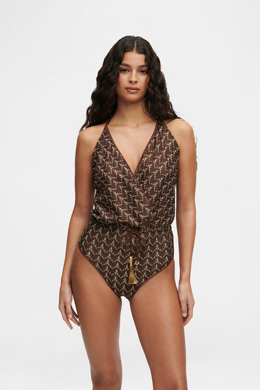 Brown Gold Knit V-Swimsuit, Italian knit, HANNE BLOCH