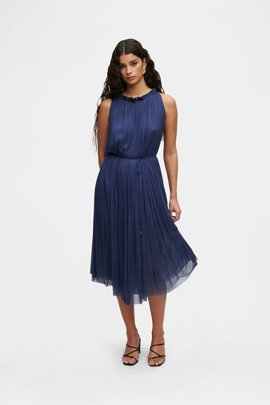 Ocean Blue Silk Tulle Halter Dress, floor-length 100% Grade 6A mulberry silk, HANNE BLOCH