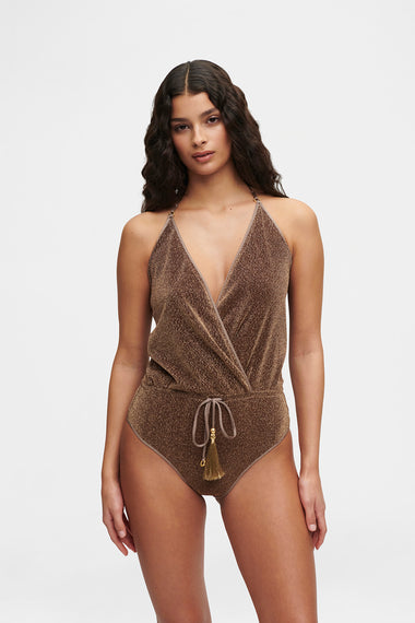 Taupe Glitter V-Swimsuit, shown on model wearing size S, HANNE BLOCH