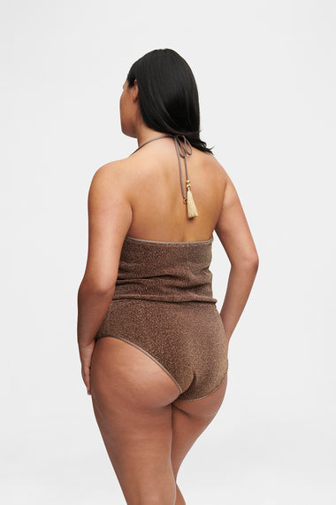 Taupe Glitter V-Swimsuit, shown on model wearing size XL, HANNE BLOCH