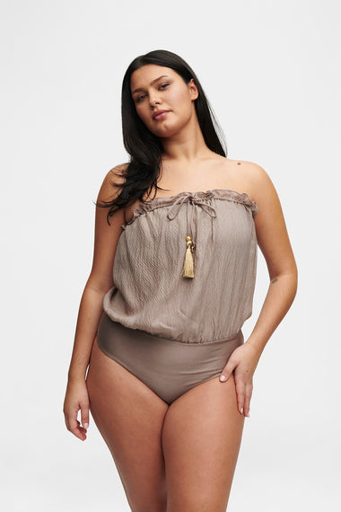 Taupe Bandeau Silk Swimsuit with 100% Grade 6A silk top, HANNE BLOCH