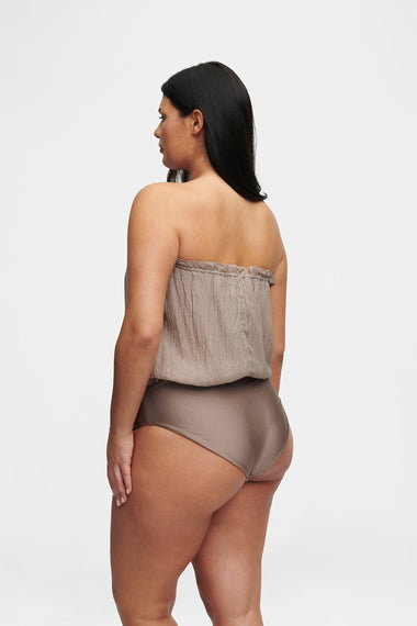 Taupe Bandeau Silk Swimsuit with 100% Grade 6A silk top, shown on model wearing size XL, HANNE BLOCH