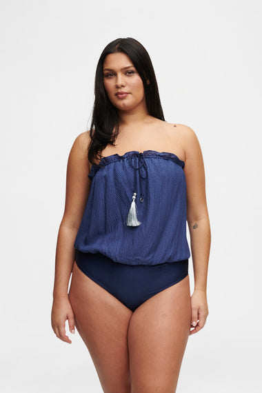 Ocean Blue Bandeau Silk Swimsuit with 100% Grade 6A silk top, HANNE BLOCH